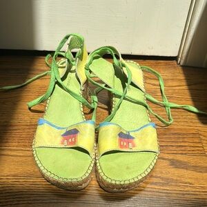 Green lace up espadrille wedges with house design